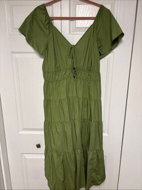 Estelle V-Neck Olive Green Tiered Midi Dress with Tie Detail